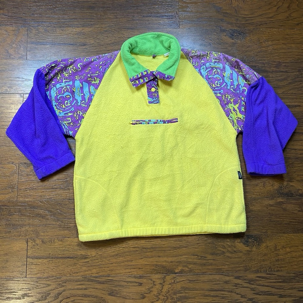 Vintage iSPO Neon Colorblock Fleece Pullover Jacket 90s Abstract Print Mens M
